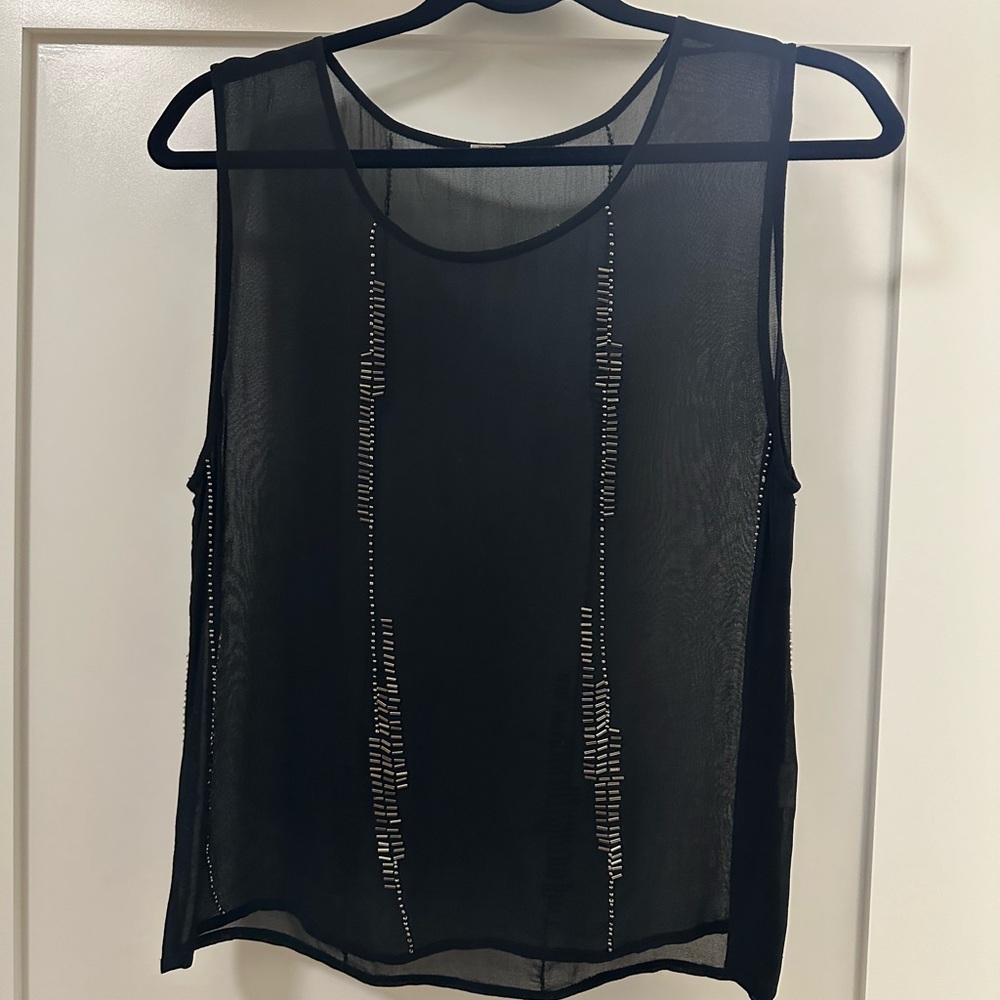 Chan Luu Black Sheer Blouse with Silver beaded Accents